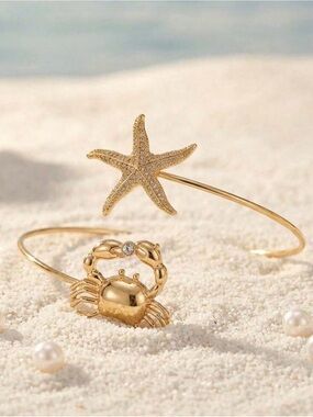 Delicate Starfish and Crab Open Cuff  Arm Bracelet